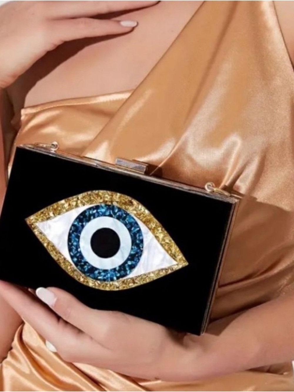 Black Eye-Embellished Evening Clutch - Gold & Blue Accents